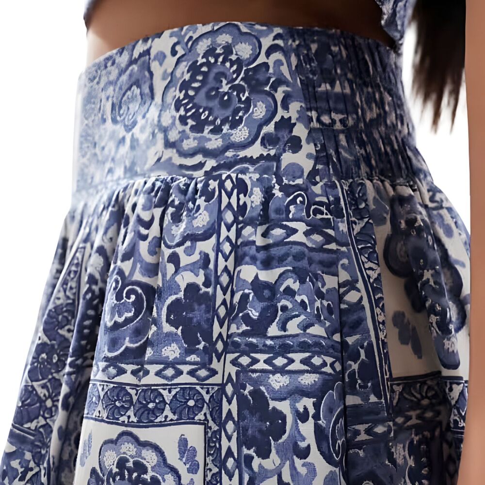 Abercrombie NWOT Pattern Mixed Poplin Tiered Maxi Skirt Blue Tile Print PM - Picture 3 of 13